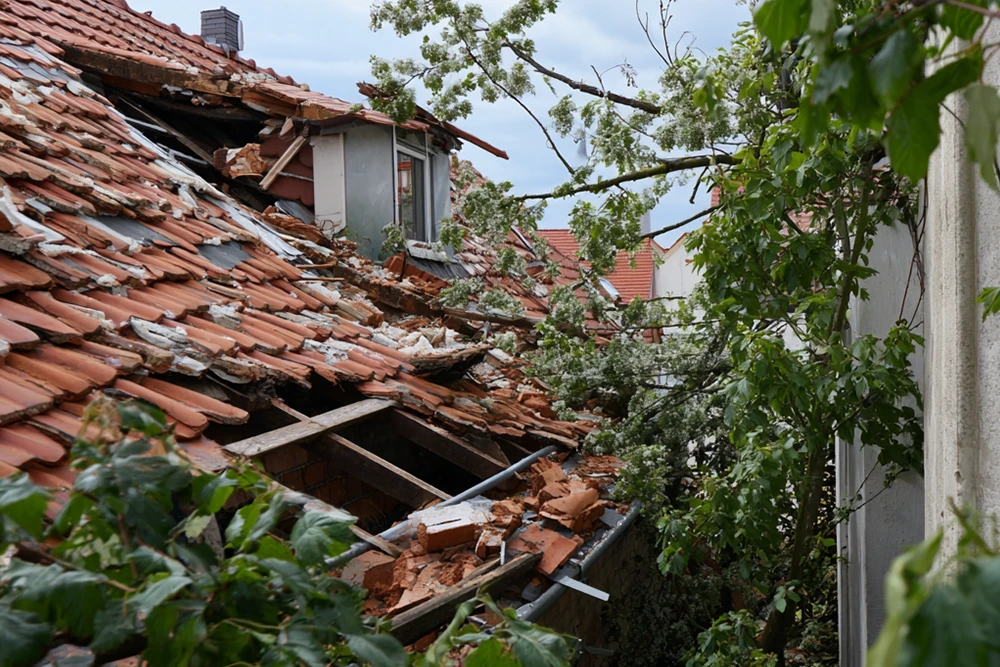 Kaputtes Ziegeldach bei Regen mit sichtbarer Undichtigkeit – Dachreparatur durch Notfalldienst erforderlich